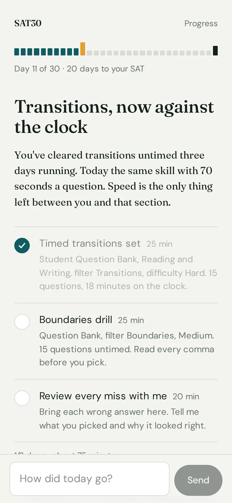 Today screen: day 11 of 30, a plan titled 'Transitions, now against the clock' with three tasks